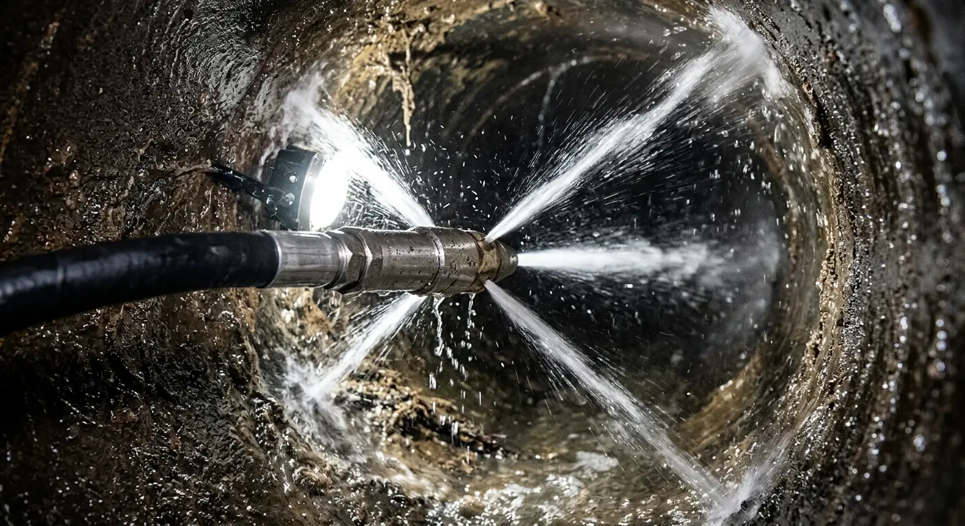 High-pressure hydro jetting nozzle cleaning sewer pipe for Trenchless Sewer Repair in South Hill